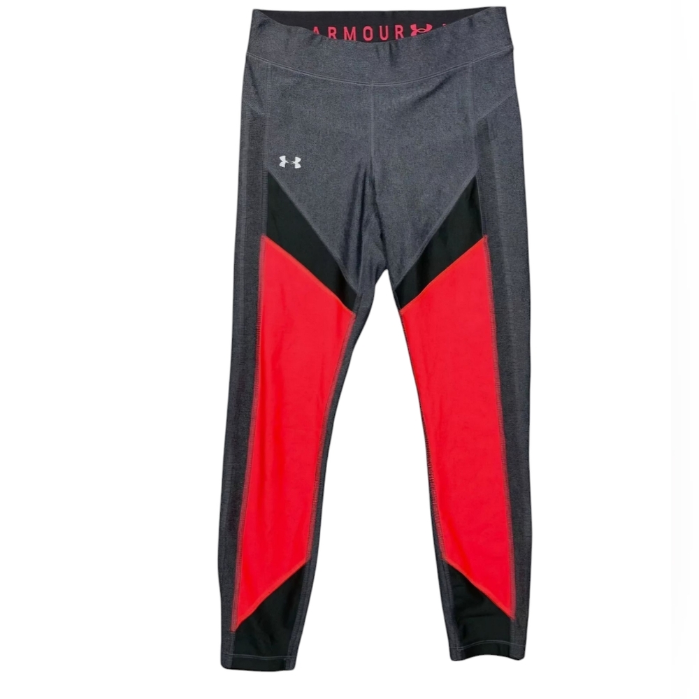 Under Armour Heat Gear Women Size Medium Compression Leggings Crop Gray Orange